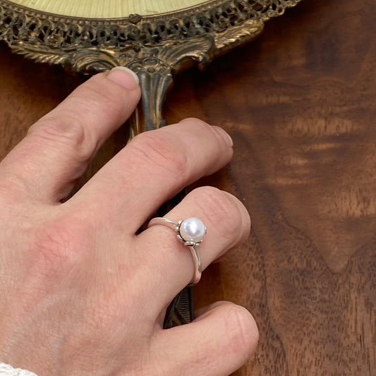 Pearl Solitaire Silver Filigree Ring - Sz 7