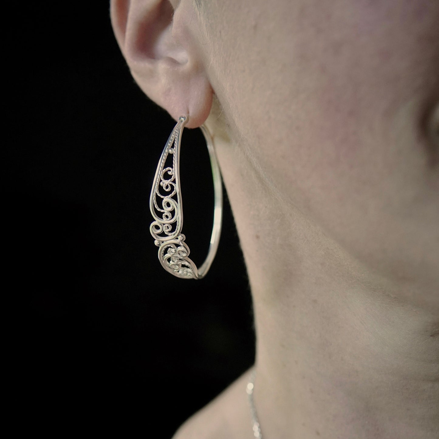 Eclipse Silver Filigree Statement Hoops
