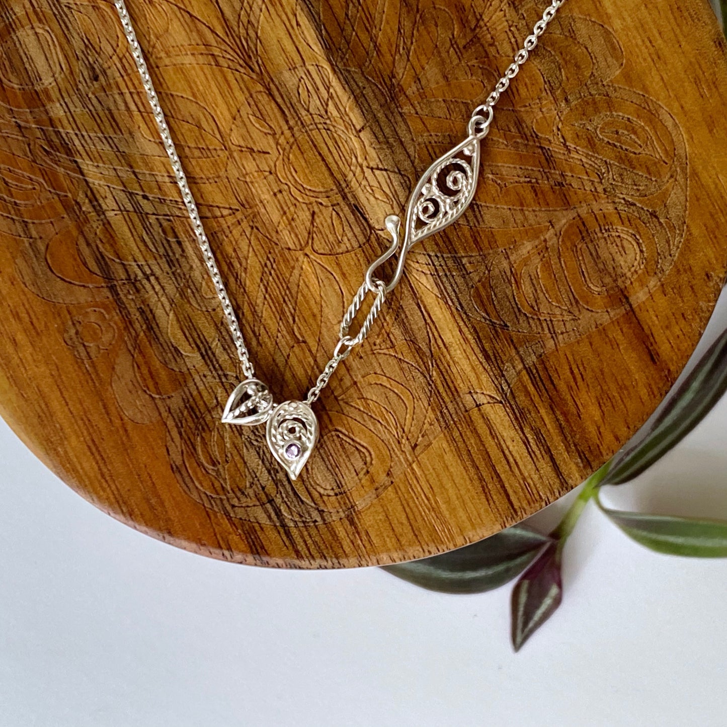 Filigree Leaf Bead Slider Charm w/ Gemstone