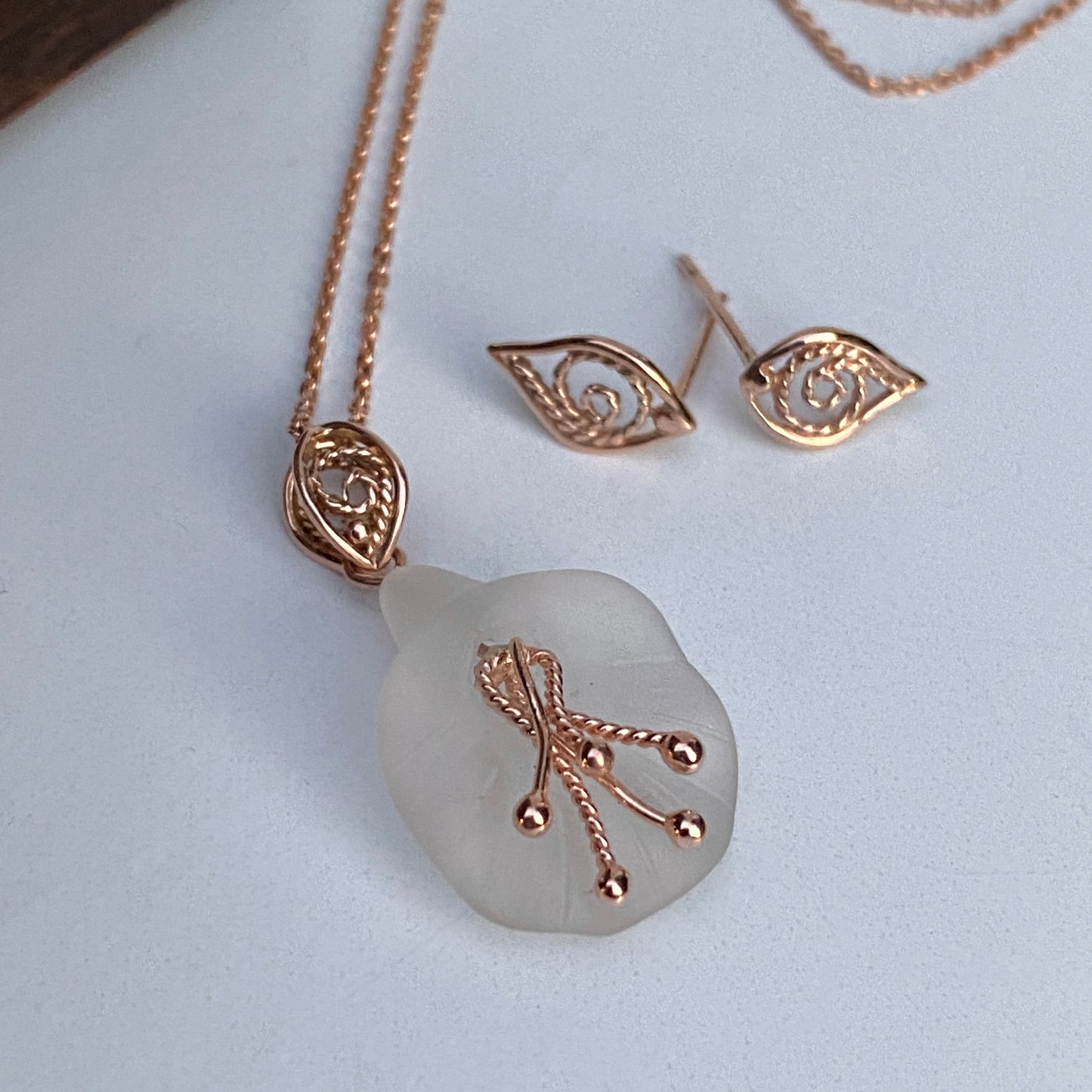 Handcarved Quartz Bellflower Pendant 14k Rose Gold