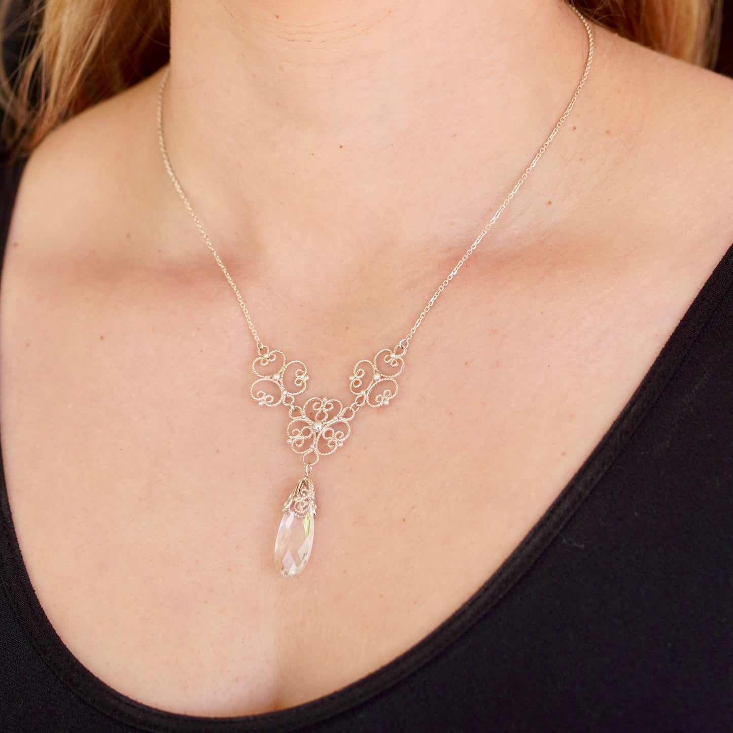 Trio Blossom Filigree Prism Necklace