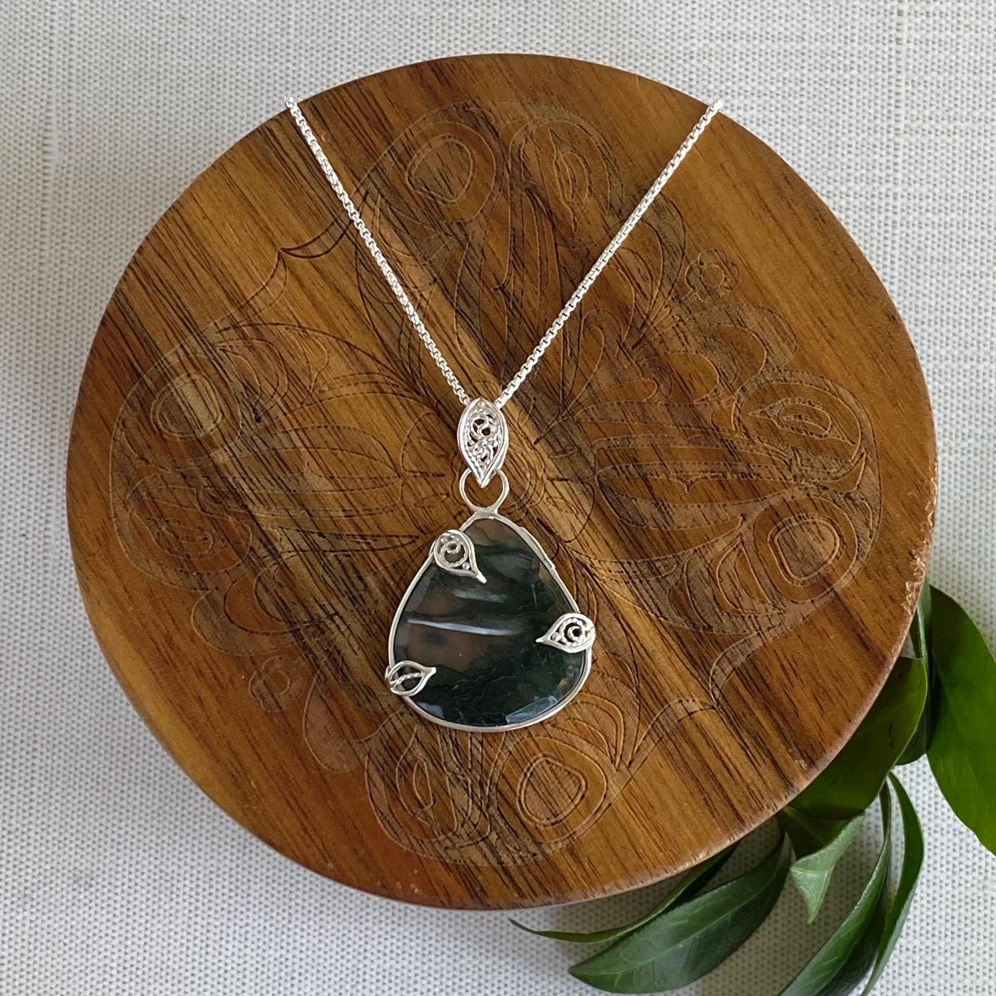 Moss Agate Filigree Leaf Pendant