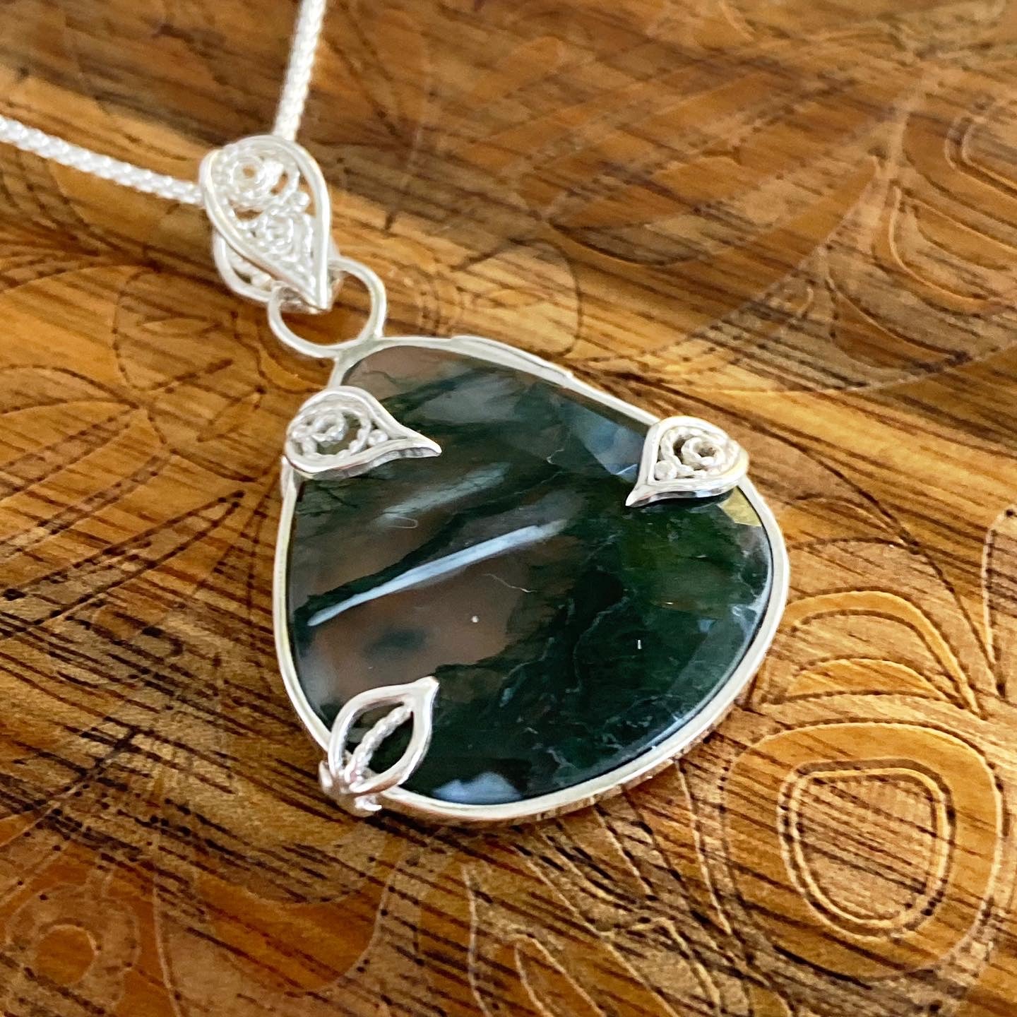 Moss Agate Filigree Leaf Pendant