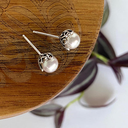 Filigree Pearl Silver Stud Earrings