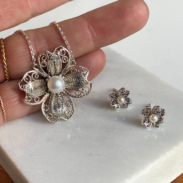 Dogwood Flower Telkari Necklace & Earrings Set