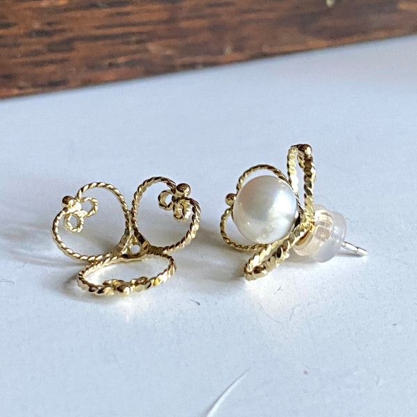 Pearl Button Stud Earrings, Silver/14k Gold