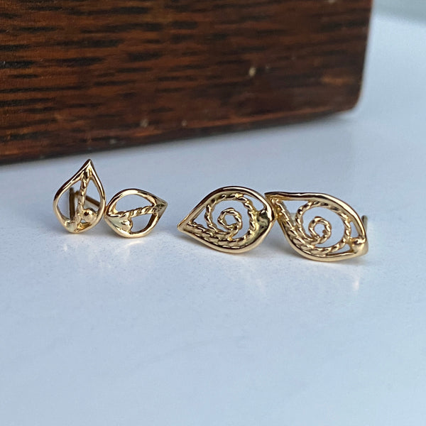 Filigree Leaf Stud Earrings, Silver/14kr/18ky Gold