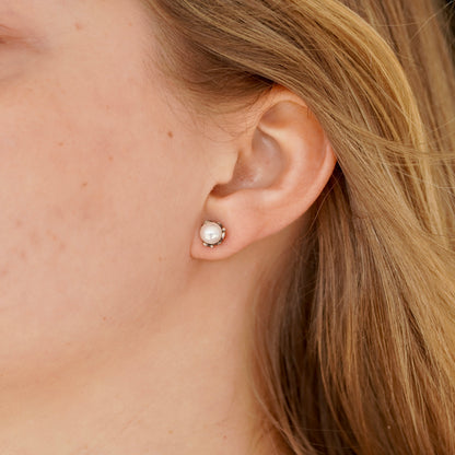 Filigree Pearl Silver Stud Earrings