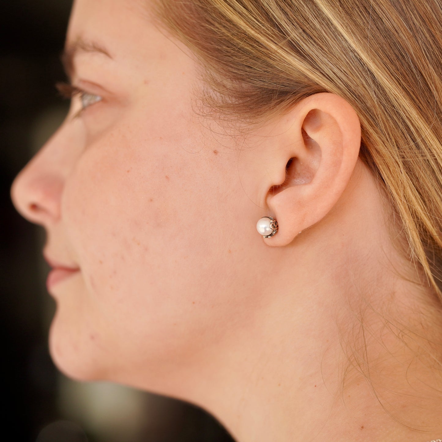 Filigree Pearl Silver Stud Earrings