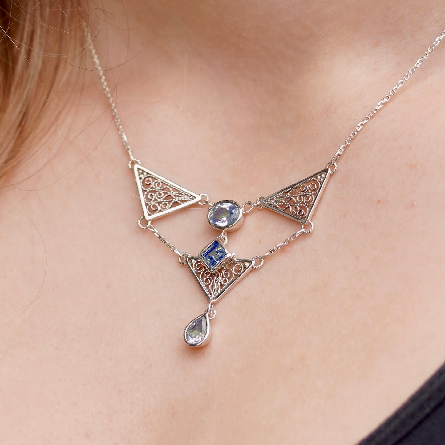 Triangle Filigree Statement Necklace Silver with Blue Topaz