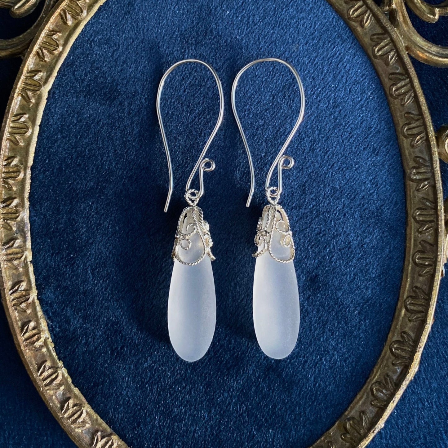 Frosted Quartz Teardrop Filigree Earrings