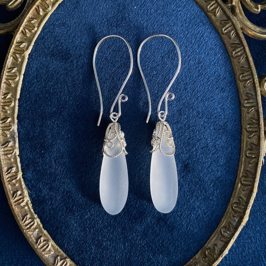 Frosted Quartz Teardrop Filigree Earrings