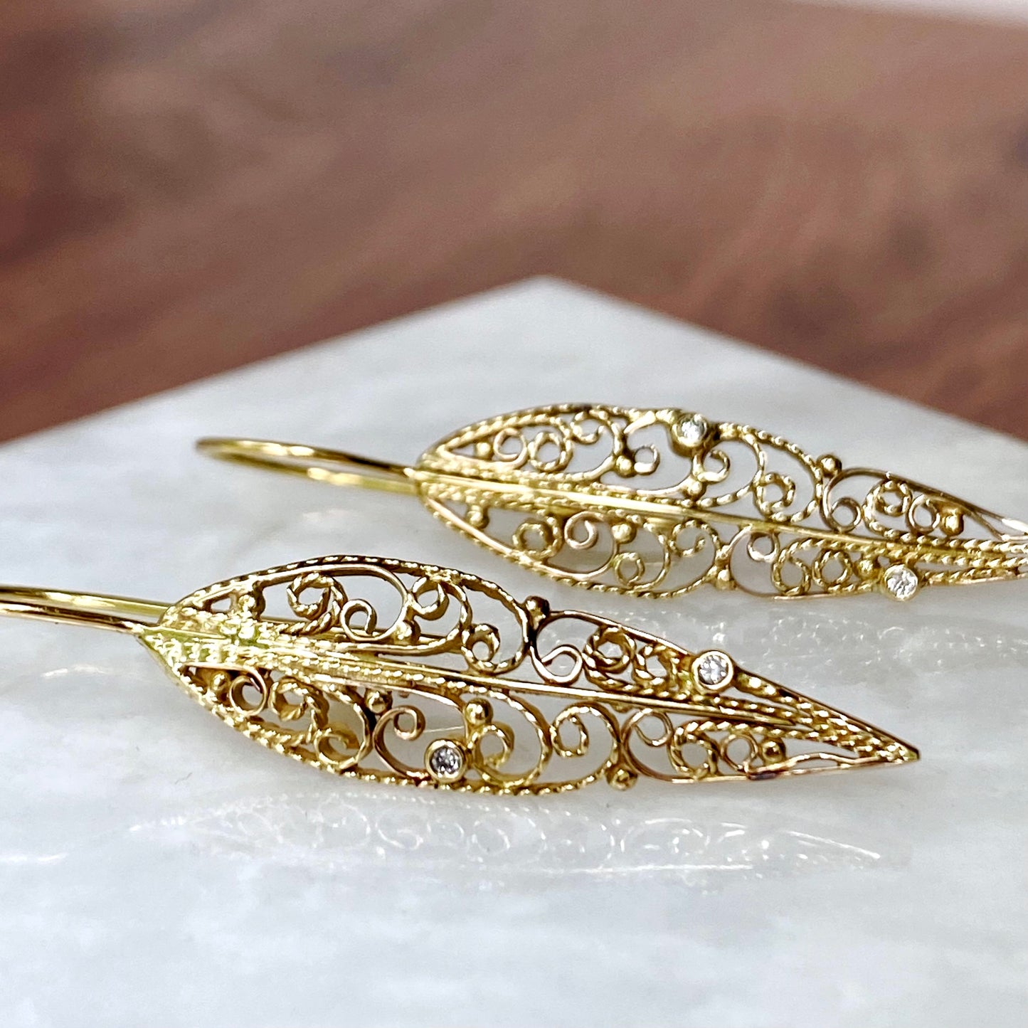 Vining Gold Filigree Diamond Earrings