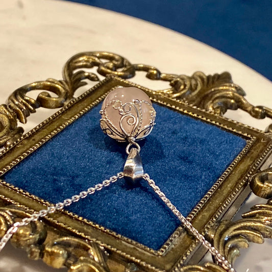 Rose Quartz Orb Filigree Pendant Silver