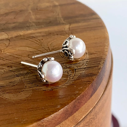 Filigree Pearl Silver Stud Earrings