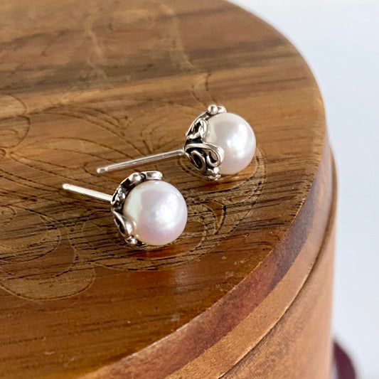 Filigree Pearl Silver Stud Earrings