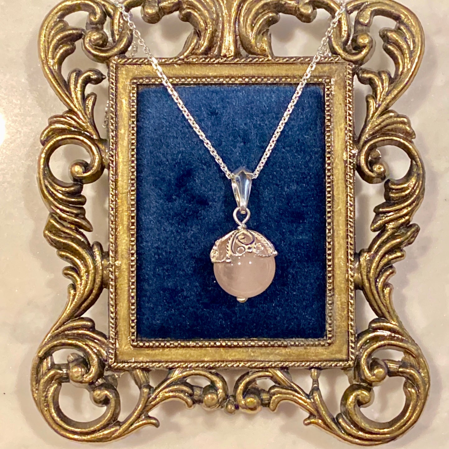 Rose Quartz Orb Filigree Pendant Silver