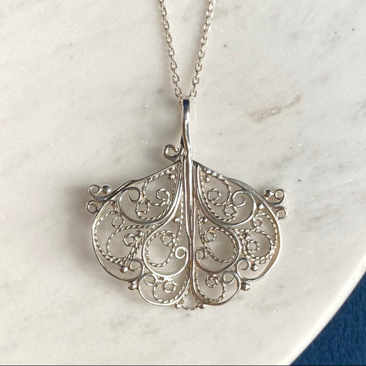 Large Ginkgo Leaf Silver Filigree Pendant