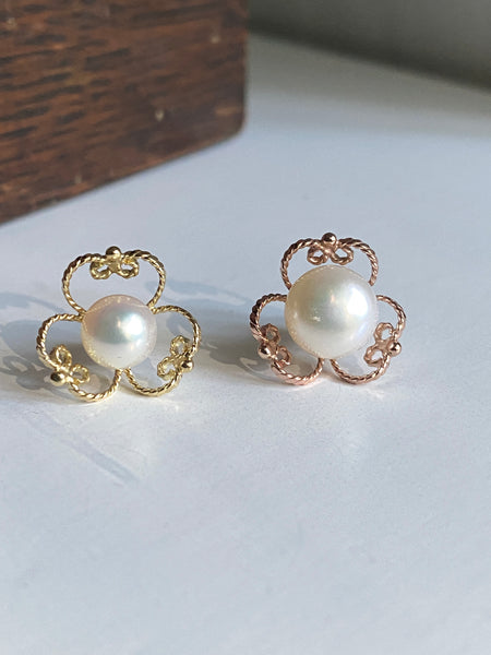 Pearl Button Stud Earrings, Silver/14k Gold