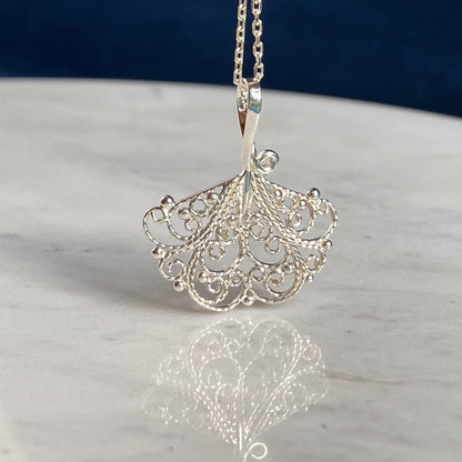 Ginkgo Leaf Silver Filigree Pendant