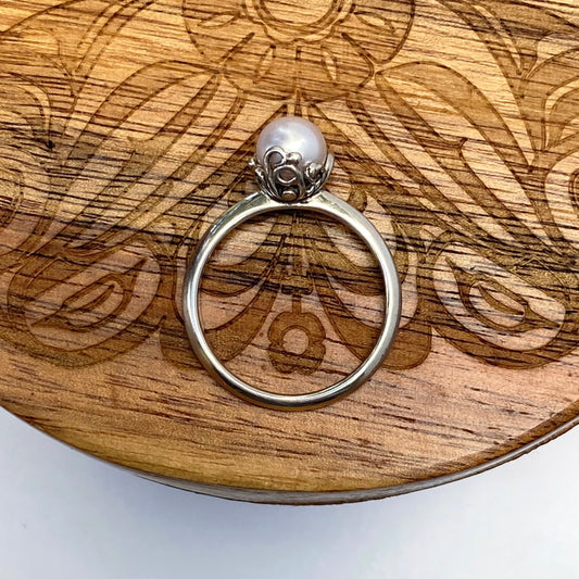 Pearl Solitaire Silver Filigree Ring - Sz 7