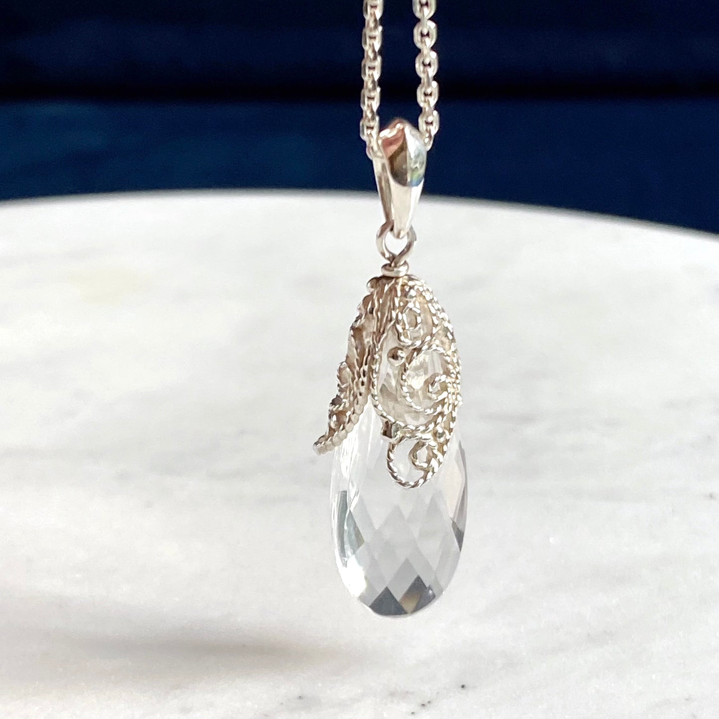 Teardrop Prism Silver Filigree Pendant