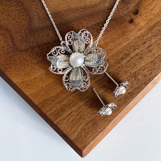 Dogwood Filigree Flower Necklace with Pearl Center