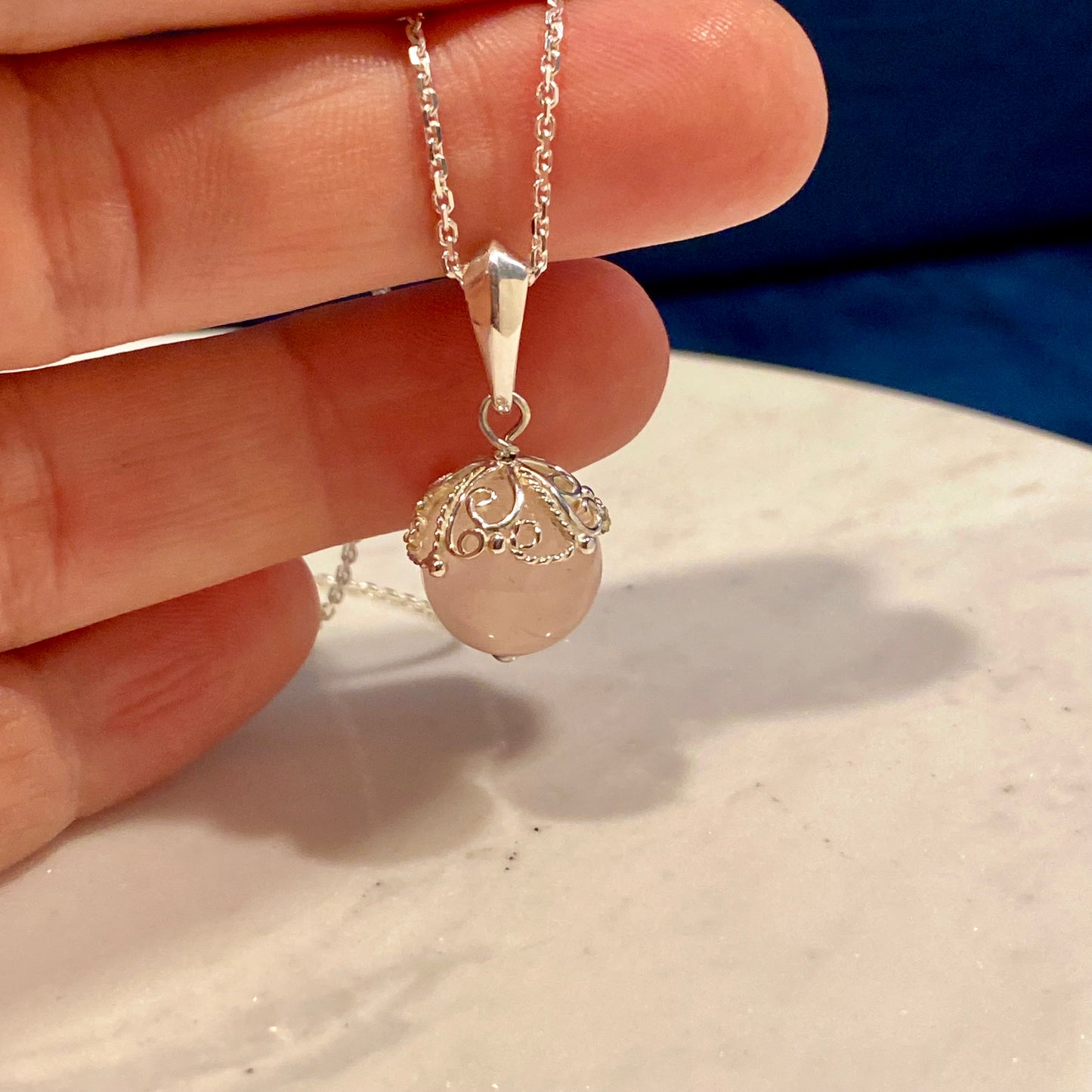 Rose Quartz Orb Filigree Pendant Silver