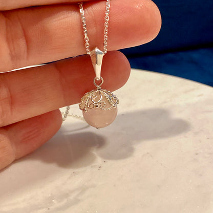Rose Quartz Orb Filigree Pendant Silver
