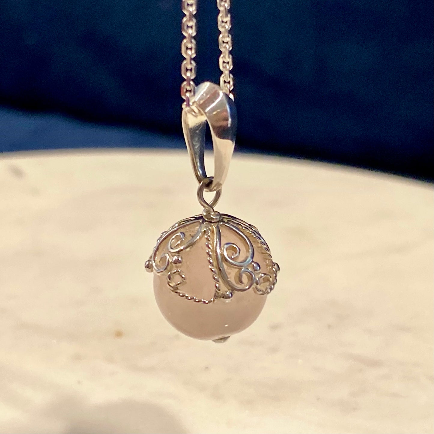 Rose Quartz Orb Filigree Pendant Silver