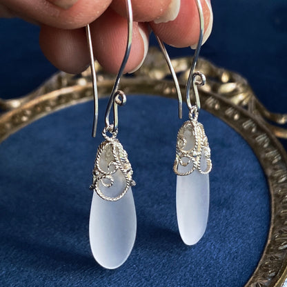 Frosted Quartz Teardrop Filigree Earrings