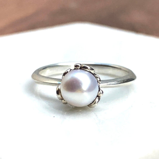 Pearl Solitaire Silver Filigree Ring - Sz 7