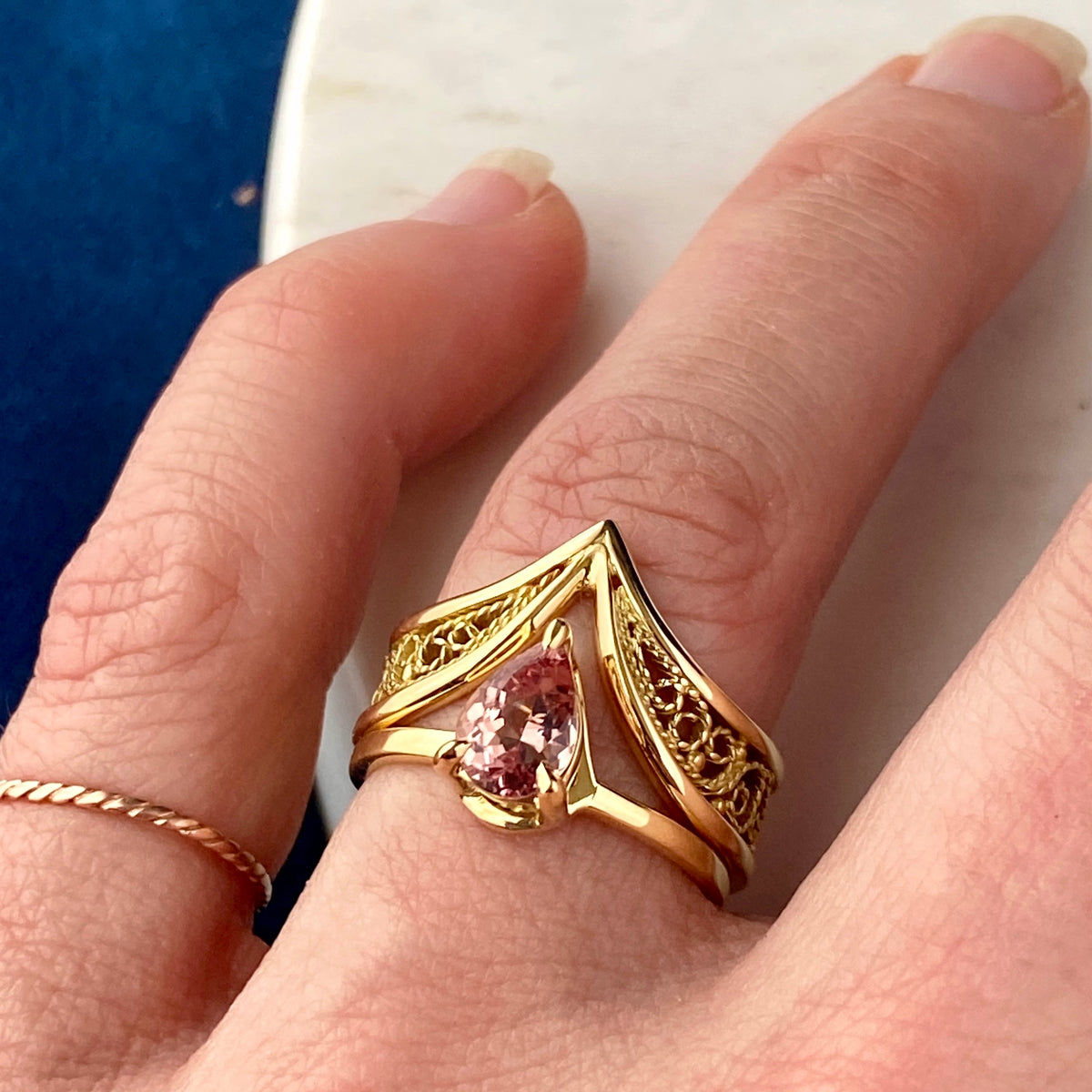 Pear Lotus Garnet "Skylight" Filigree Ring 18k