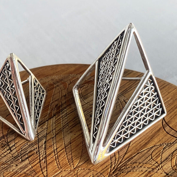 Zigzag Origami Statement Earrings w/ Zigzag Filigree, Sz Large