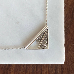 Triangle Silver Trusses Necklace w/ Swirling Filigree, 1"
